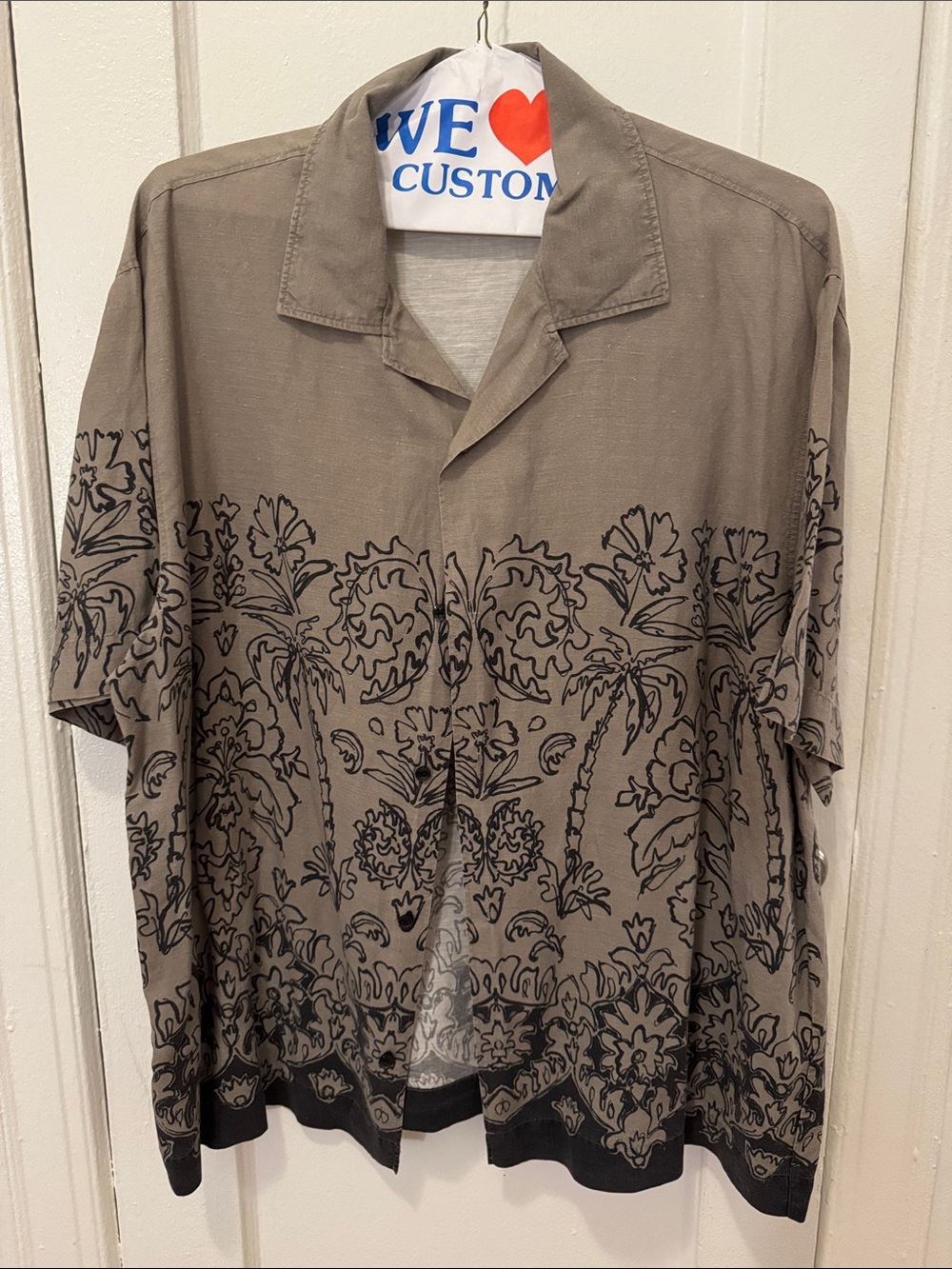HUGO Taupe Short-Sleeve Button-Down Shirt with Black Floral Print
